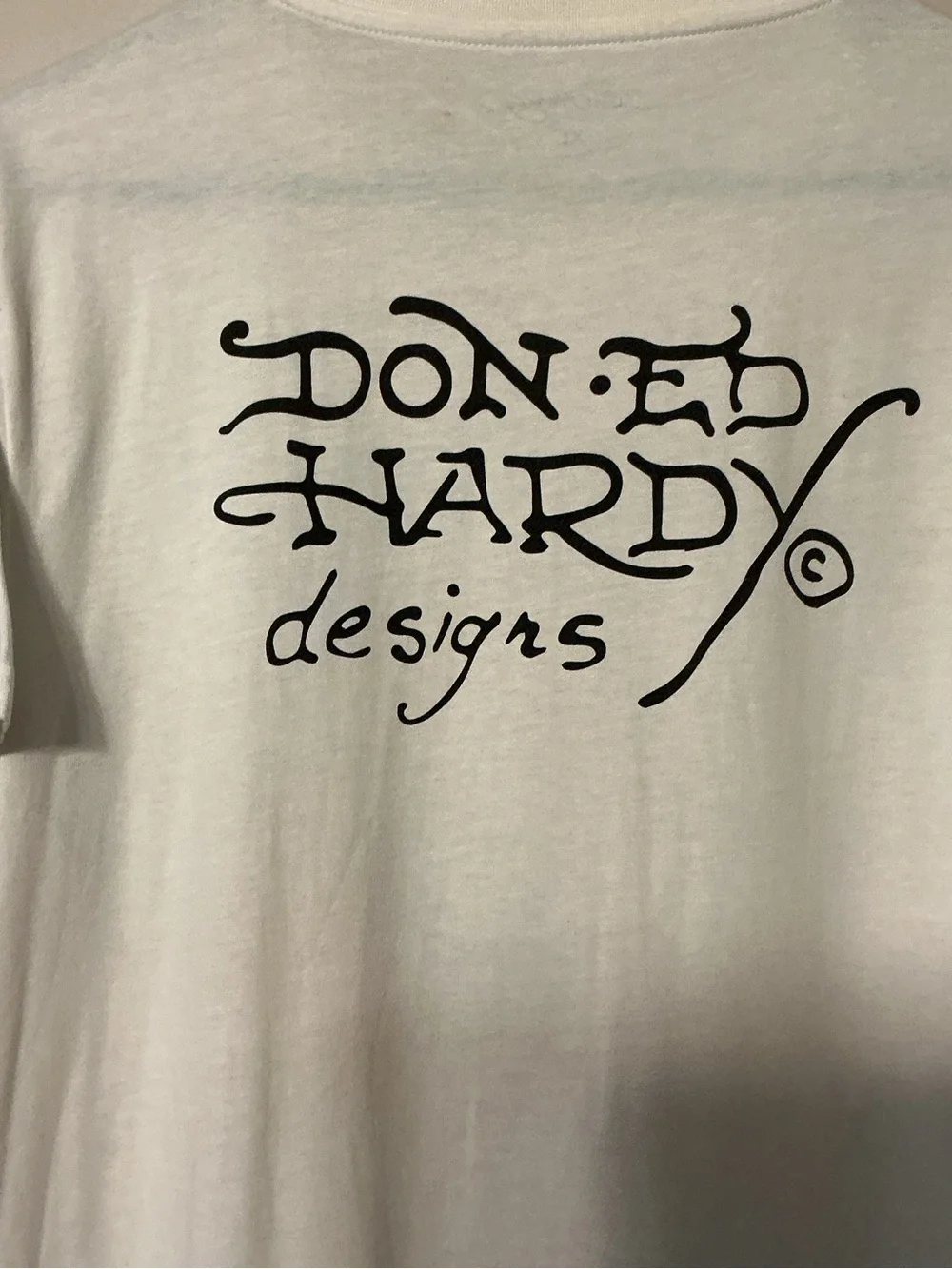 Ed Hardy White Tee with Flaming Skull and Crossed Swords Graphic